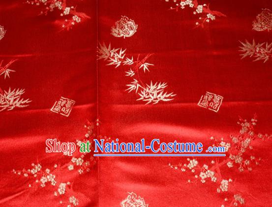 Chinese Traditional Silk Fabric Plum Blossom Bamboo Pattern Tang Suit Red Brocade Cloth Cheongsam Material Drapery