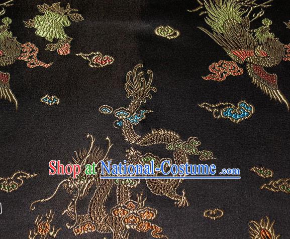 Chinese Traditional Silk Fabric Dragon Phoenix Peony Pattern Tang Suit Black Brocade Cloth Cheongsam Material Drapery