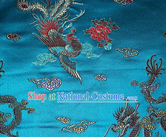 Chinese Traditional Silk Fabric Dragon Phoenix Peony Pattern Tang Suit Blue Brocade Cloth Cheongsam Material Drapery