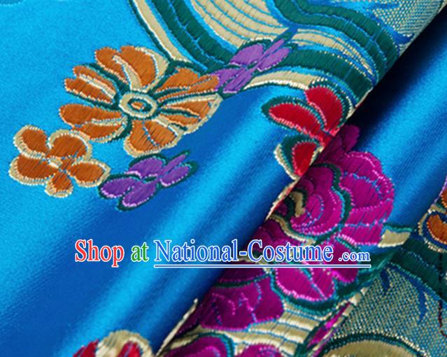 Chinese Traditional Silk Fabric Tang Suit Classical Flowers Pattern Blue Brocade Cloth Cheongsam Material Drapery