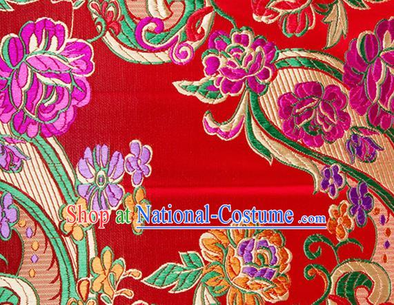 Chinese Traditional Red Silk Fabric Tang Suit Classical Flowers Pattern Brocade Cloth Cheongsam Material Drapery