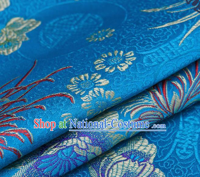 Chinese Traditional Blue Brocade Fabric Chrysanthemum Pattern Tang Suit Silk Cloth Cheongsam Material Drapery