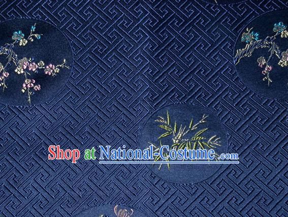 Chinese Traditional Silk Fabric Plum Blossom Orchid Bamboo Chrysanthemum Pattern Tang Suit Deep Blue Brocade Cloth Cheongsam Material Drapery