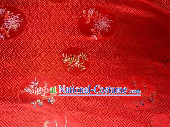 Chinese Traditional Silk Fabric Plum Blossom Orchid Bamboo Chrysanthemum Pattern Tang Suit Red Brocade Cloth Cheongsam Material Drapery