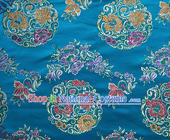 Chinese Traditional Palace Pattern Tang Suit Brocade Blue Fabric Silk Cloth Cheongsam Material Drapery