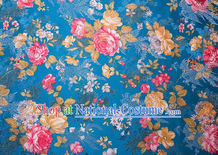 Chinese Traditional Peony Flowers Pattern Tang Suit Blue Brocade Fabric Silk Cloth Cheongsam Material Drapery