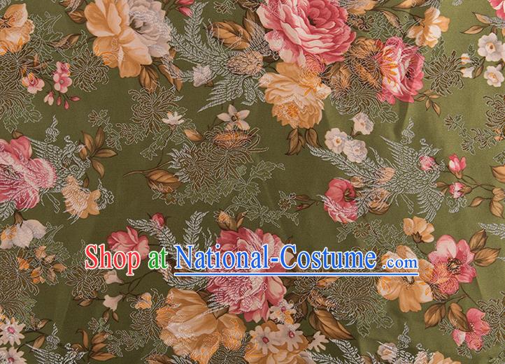 Chinese Traditional Peony Flowers Pattern Tang Suit Olive Green Brocade Fabric Silk Cloth Cheongsam Material Drapery