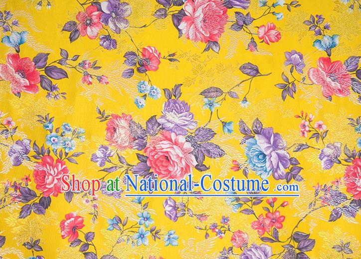 Chinese Traditional Peony Flowers Pattern Tang Suit Yellow Brocade Fabric Silk Cloth Cheongsam Material Drapery