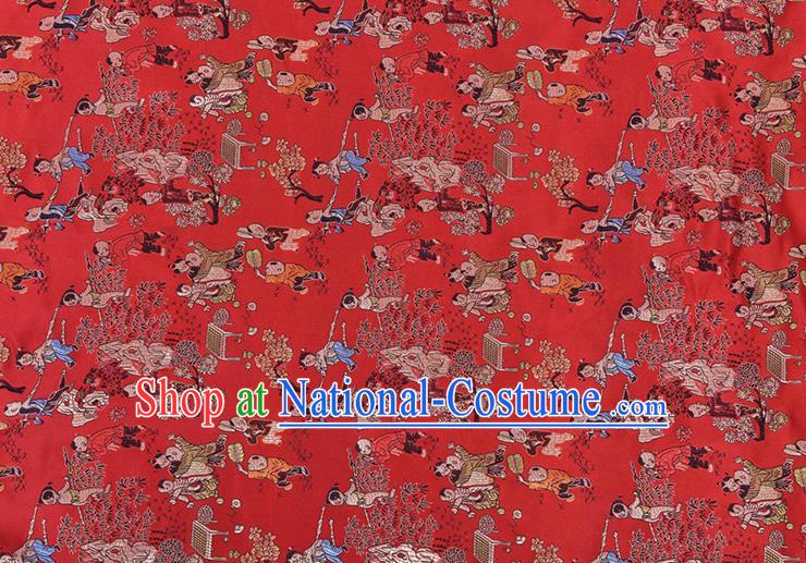 Chinese Traditional Hundred Children Pattern Tang Suit Red Brocade Fabric Silk Cloth Cheongsam Material Drapery