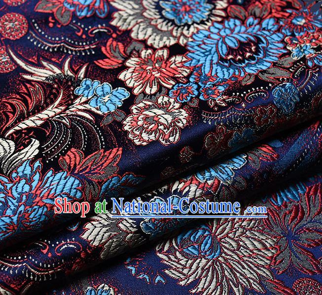 Chinese Traditional Tang Suit Navy Brocade Fabric Peony Pattern Silk Cloth Cheongsam Material Drapery