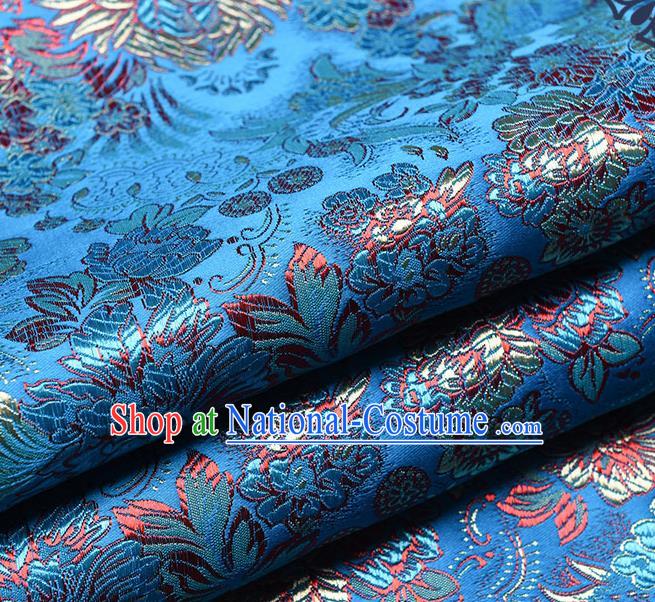 Chinese Traditional Tang Suit Blue Brocade Fabric Peony Pattern Silk Cloth Cheongsam Material Drapery