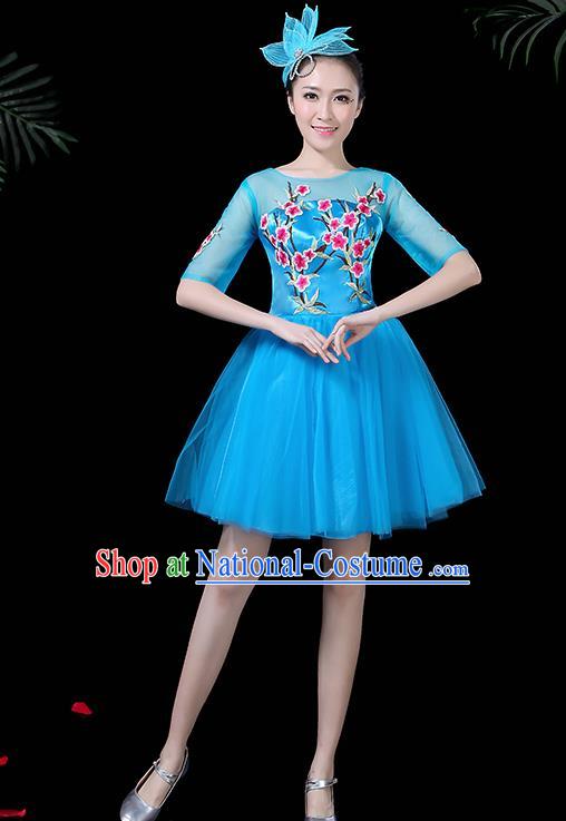 Professional Modern Dance Costume Chorus Blue Bubble Veil Dress for Women