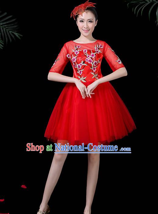 Professional Modern Dance Costume Chorus Red Bubble Veil Dress for Women