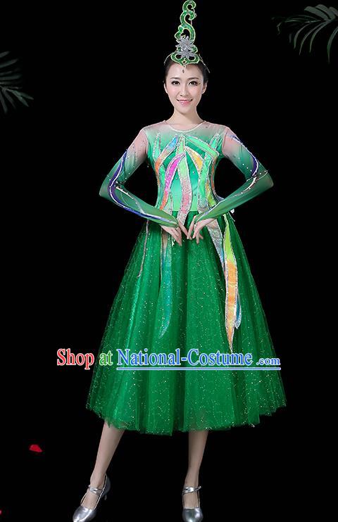 Professional Modern Dance Costume Chorus Folk Dance Green Veil Dress for Women