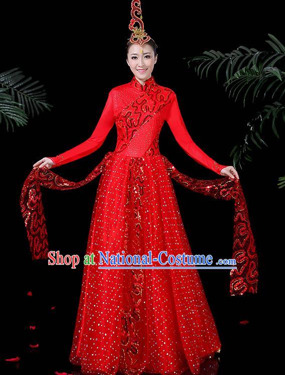 Chinese Classical Dance Costume Traditional Folk Dance Red Dress for Women