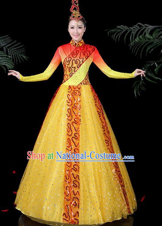 Chinese Classical Dance Costume Traditional Folk Dance Yellow Dress for Women