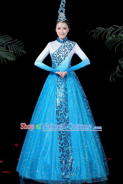 Chinese Classical Dance Costume Traditional Folk Dance Blue Dress for Women