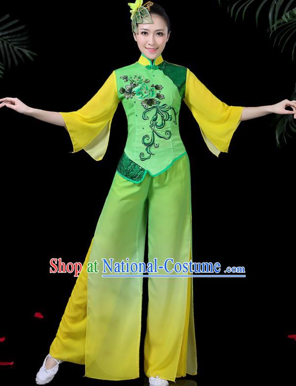 Chinese Classical Umbrella Dance Green Costume Traditional Folk Dance Yangko Clothing for Women