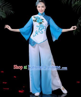 Chinese Classical Umbrella Dance Blue Costume Traditional Folk Dance Yangko Clothing for Women