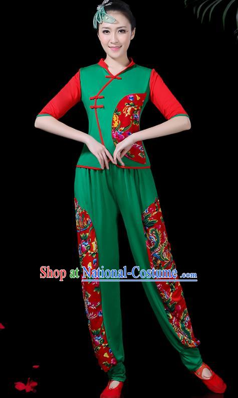 Chinese Classical Fan Dance Green Costume Traditional Folk Dance Yangko Clothing for Women