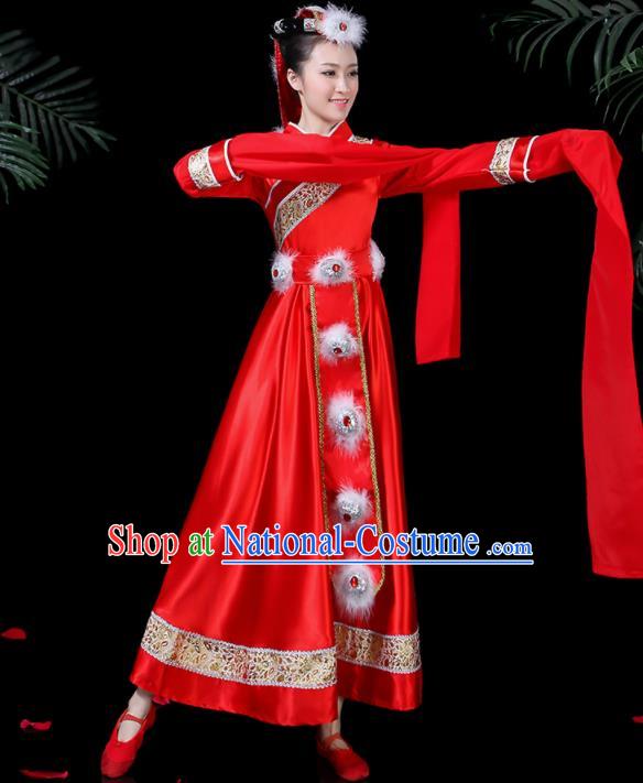 Chinese Traditional Classical Dance Red Dress Zang Minority Folk Dance Clothing for Women