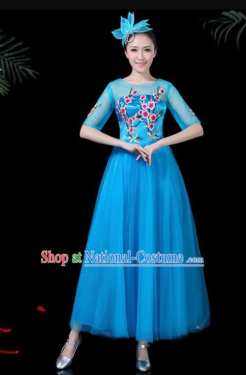 Professional Modern Dance Costume Stage Performance Chorus Blue Veil Dress for Women