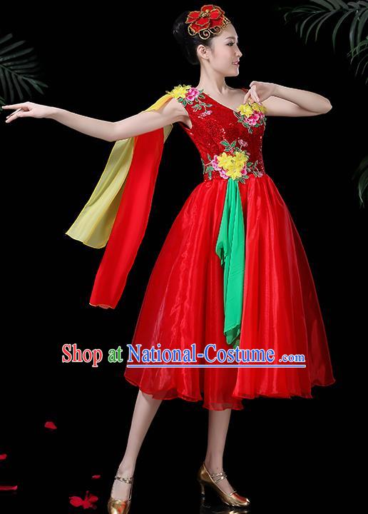 Professional Opening Modern Dance Costume Stage Performance Chorus Red Dress for Women