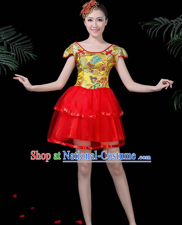 Chinese Classical Dance Drum Dance Yellow Dress Traditional Folk Dance Fan Dance Clothing for Women