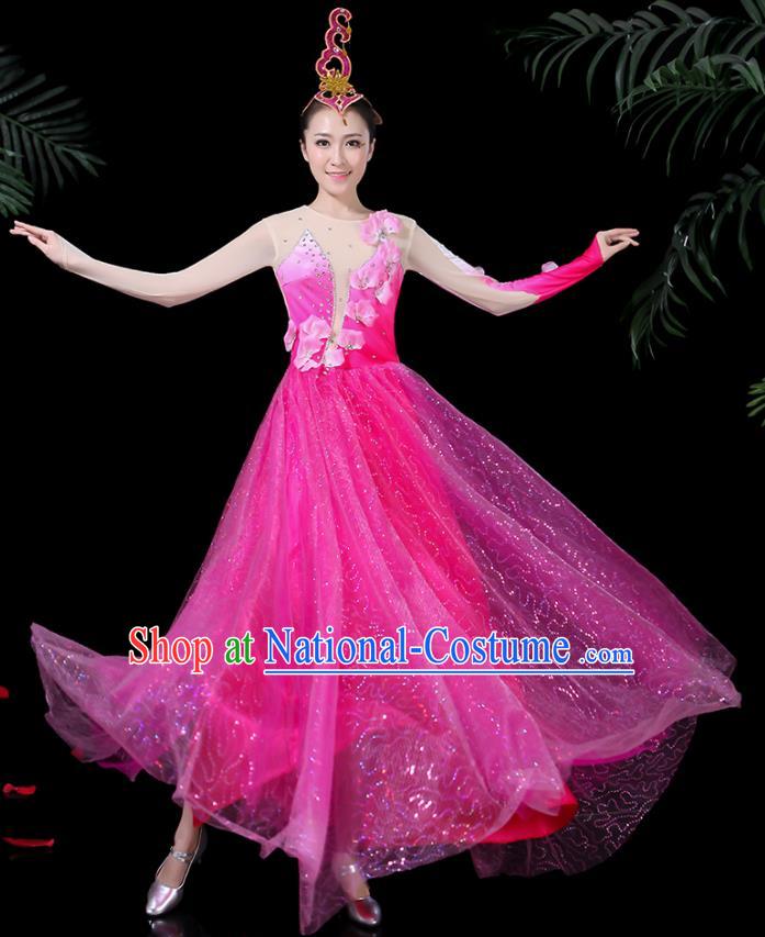 Chinese Classical Dance Rosy Long Dress Traditional Folk Dance Fan Dance Clothing for Women