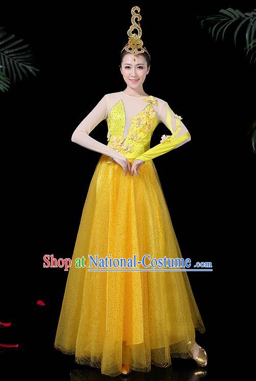 Chinese Classical Dance Yellow Long Dress Traditional Folk Dance Fan Dance Clothing for Women