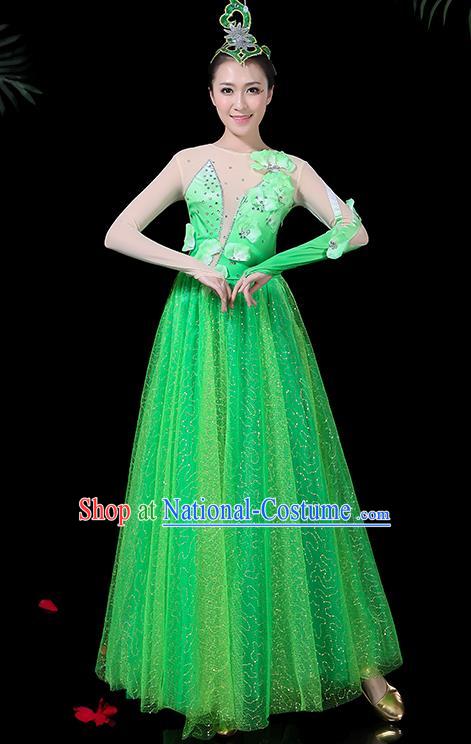 Chinese Classical Dance Green Long Dress Traditional Folk Dance Fan Dance Clothing for Women