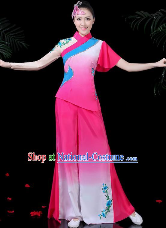 Chinese Classical Dance Rosy Costume Traditional Yangko Folk Dance Fan Dance Clothing for Women