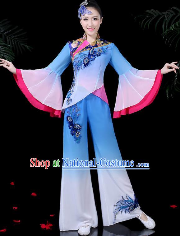 Chinese Classical Dance Blue Costume Traditional Yangko Folk Dance Fan Dance Clothing for Women