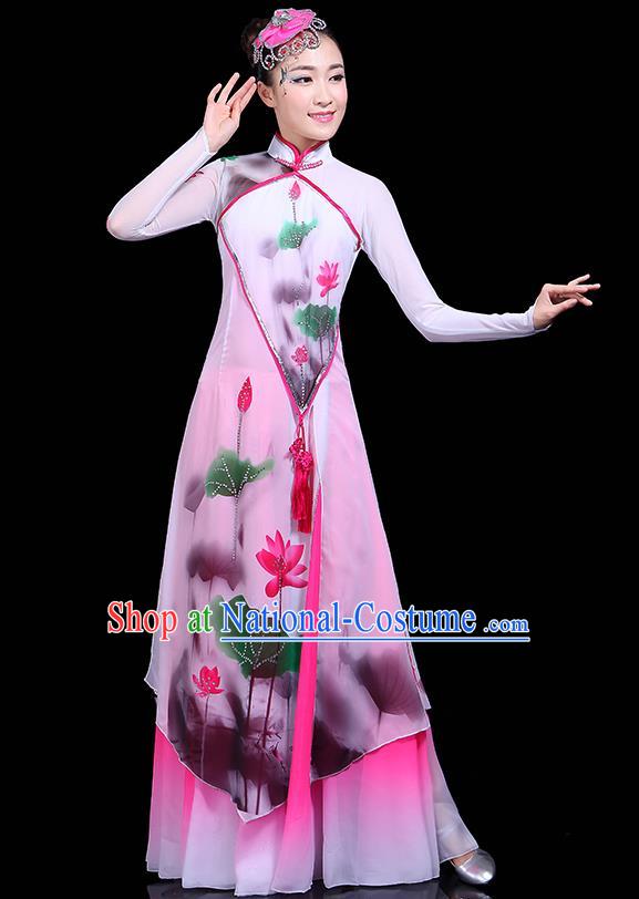 Traditional Fan Dance Ink Painting Lotus Pink Dress Chinese Classical Dance Umbrella Dance Costume for Women