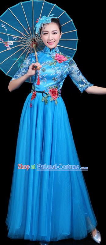 Professional Dance Modern Dance Costume Stage Performance Chorus Blue Veil Dress for Women