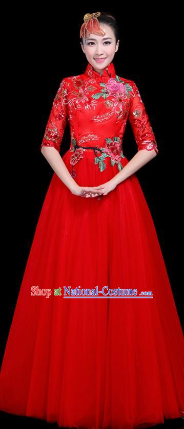 Professional Dance Modern Dance Costume Stage Performance Chorus Red Veil Dress for Women