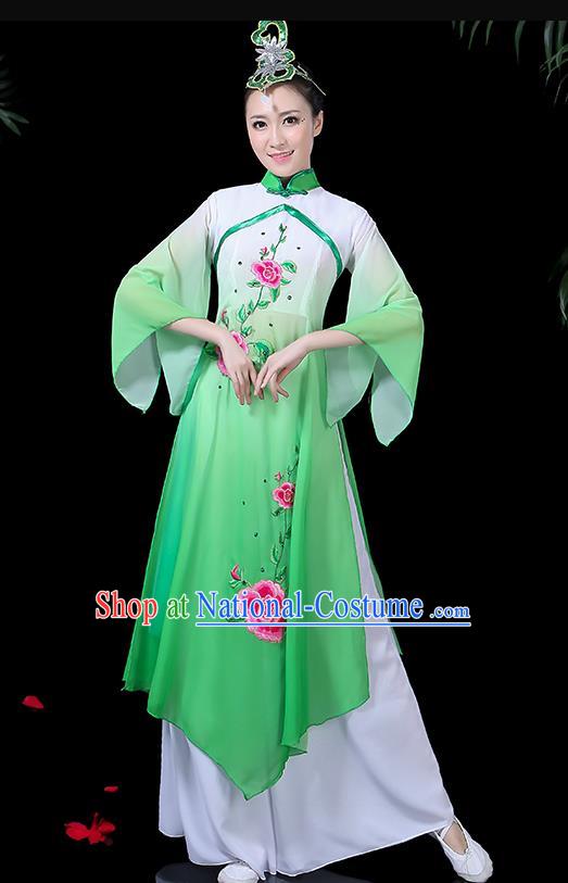 Chinese Classical Dance Umbrella Dance Costume Traditional Fan Dance Green Dress for Women