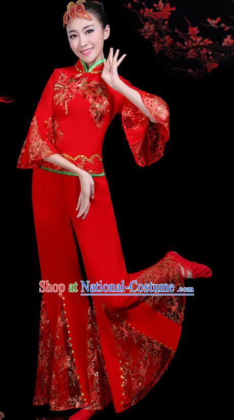 Traditional Fan Dance Yangko Red Lace Costumes Chinese Folk Dance Umbrella Dance Costume for Women