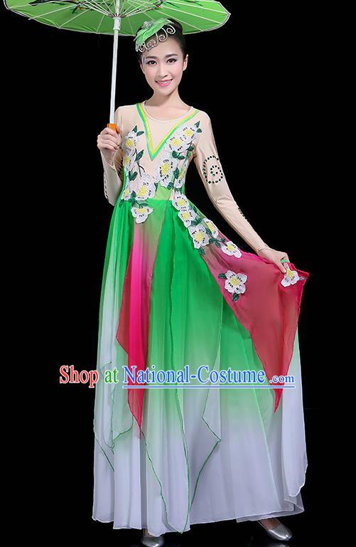 Traditional Fan Dance Classical Dance Green Dress Chinese Folk Dance Umbrella Dance Costume for Women