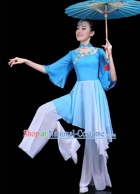 Traditional Classical Dance Blue Dress Chinese Folk Dance Umbrella Dance Costume for Women