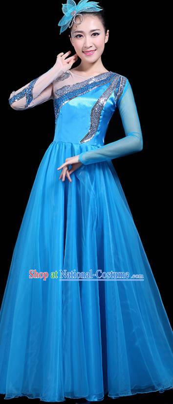 Professional Dance Modern Dance Costume Stage Performance Chorus Blue Long Dress for Women