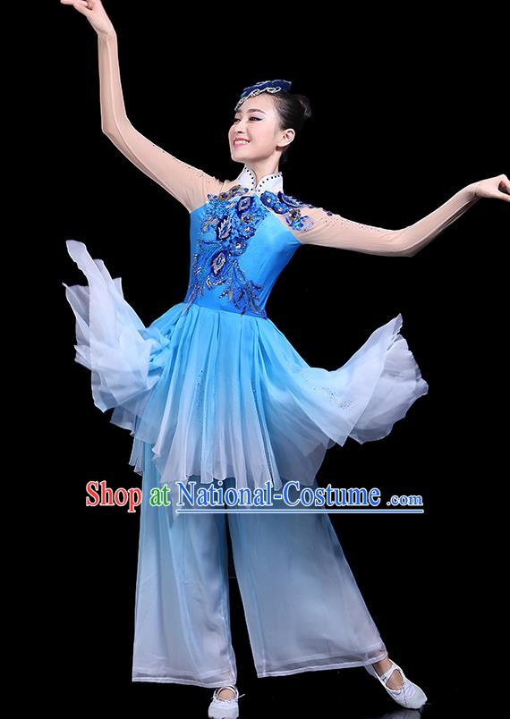 Traditional Classical Dance Umbrella Dance Blue Clothing Chinese Folk Dance Costume for Women