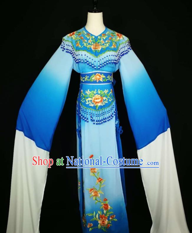 Chinese Traditional Beijing Opera Diva Embroidered Peony Royalblue Dress Peking Opera Princess Costume for Adults