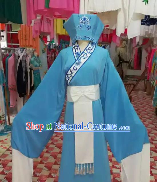 Chinese Traditional Beijing Opera Scholar Blue Robe Peking Opera Niche Costume and Hat for Adults