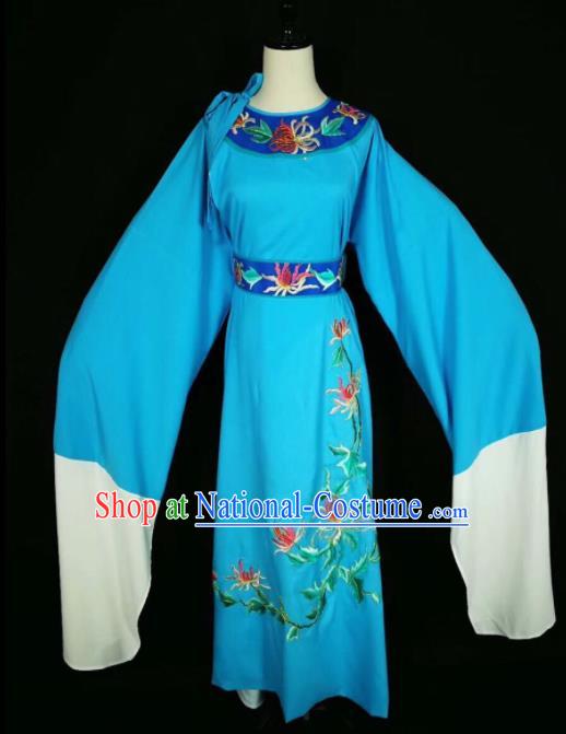 Chinese Traditional Beijing Opera Scholar Costume Peking Opera Embroidered Chrysanthemum Blue Robe for Adults