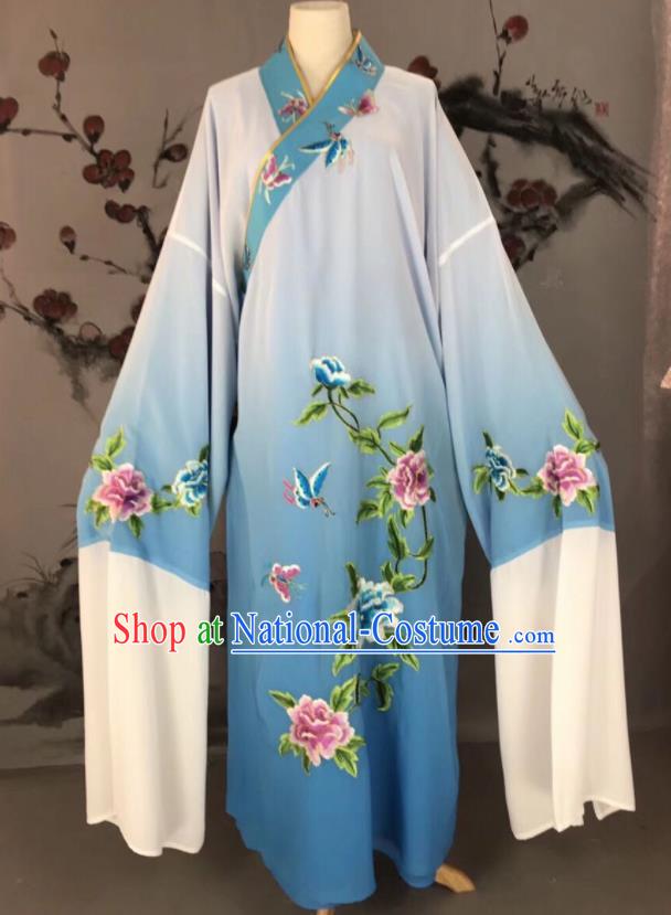 Chinese Traditional Beijing Opera Scholar Costume Peking Opera Niche Blue Embroidered Robe for Adults