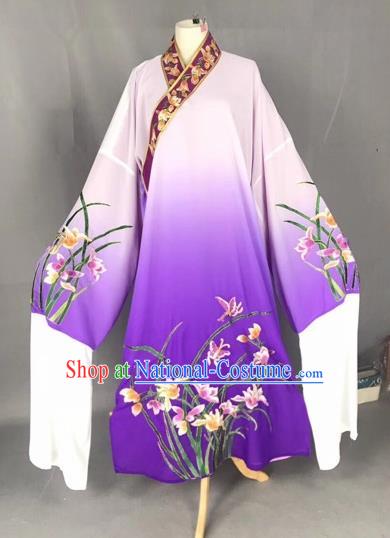 Chinese Traditional Beijing Opera Scholar Embroidered Orchid Gradient Purple Robe Peking Opera Niche Costume for Adults