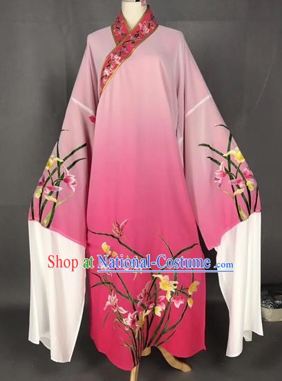 Chinese Traditional Beijing Opera Scholar Embroidered Orchid Gradient Rosy Robe Peking Opera Niche Costume for Adults