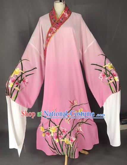 Chinese Traditional Beijing Opera Scholar Embroidered Orchid Gradient Pink Robe Peking Opera Niche Costume for Adults