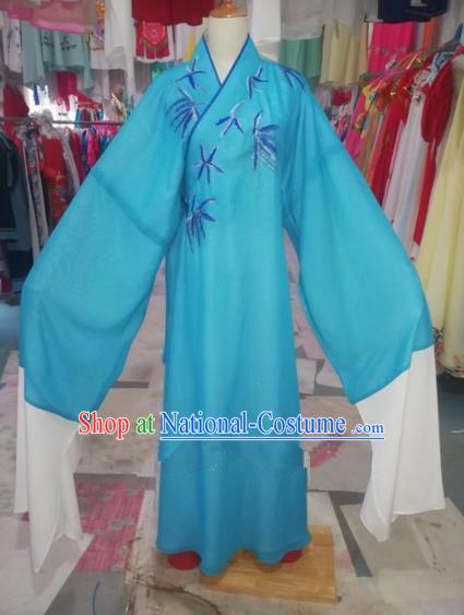 Chinese Traditional Beijing Opera Scholar Embroidered Bamboo Blue Robe Peking Opera Niche Costume for Adults